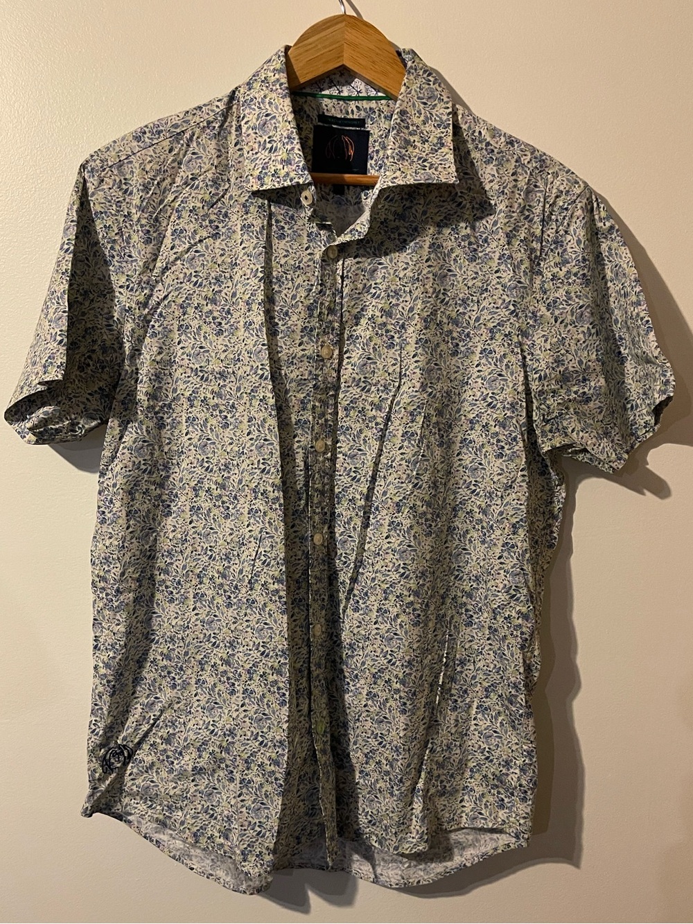 John Lennon Floral Button Down Shirt Short Sleeve Stretch Blue Cream Men Size L